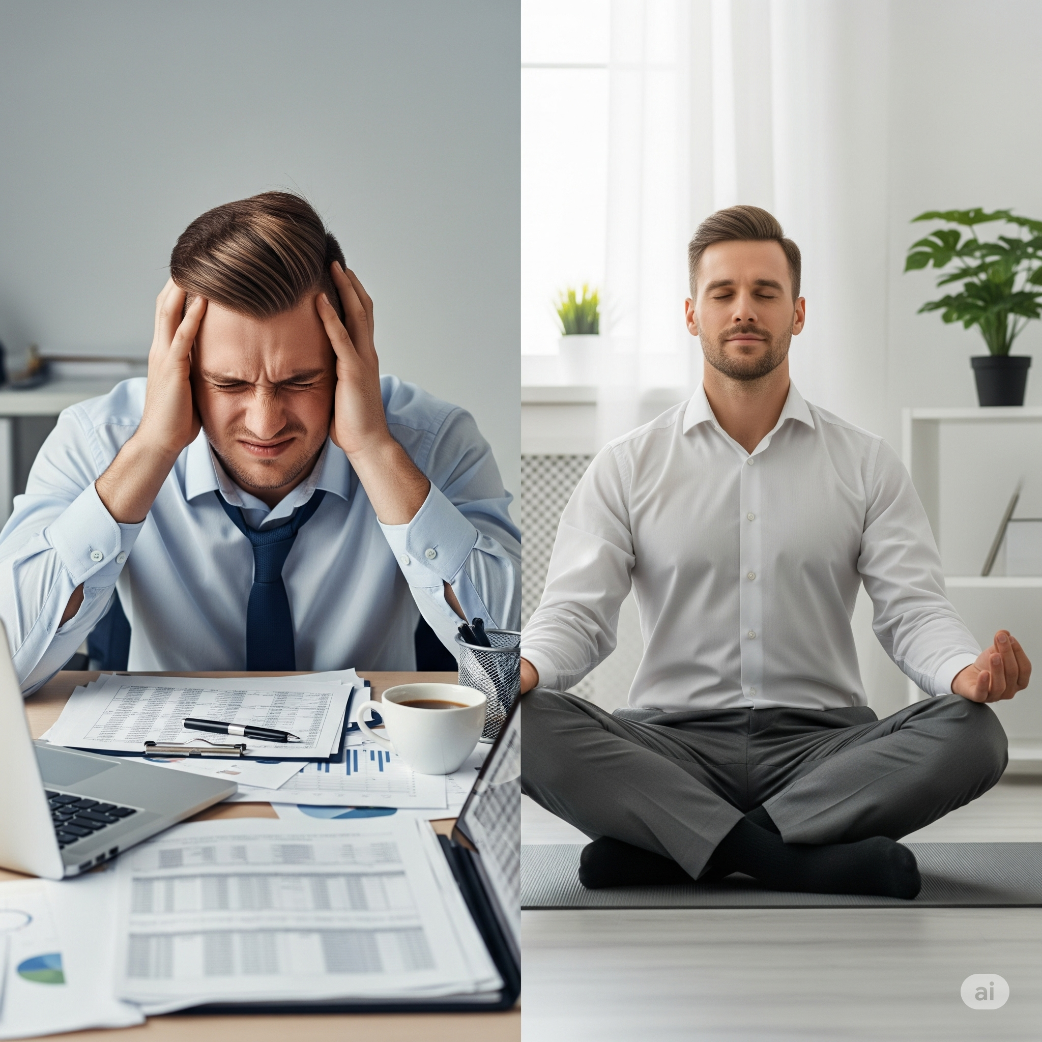 A man going from stressed out to meditative callm