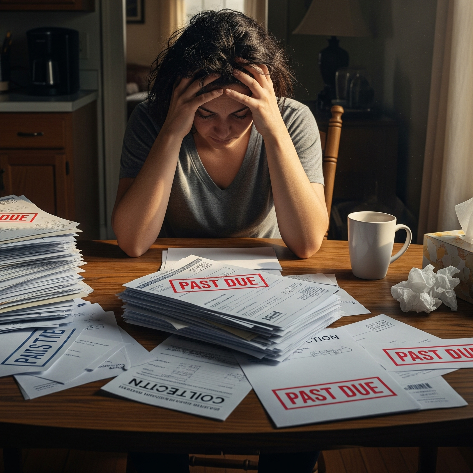 A woman overwhelmed by bills